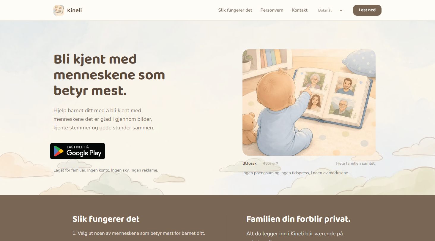 Framsida til kineli.app med overskrifta «Bli kjent med menneskene som betyr mest», ein Google Play-nedlastingsknapp og ein illustrasjon av eit barn som blar i eit familiealbum.