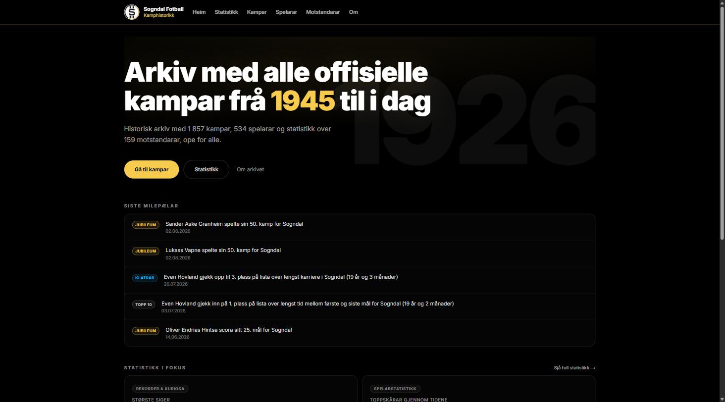 Framsida til staonopao.no med overskrifta «Arkiv med alle offisielle kampar frå 1945 til i dag» og ei liste over siste milepælar.
