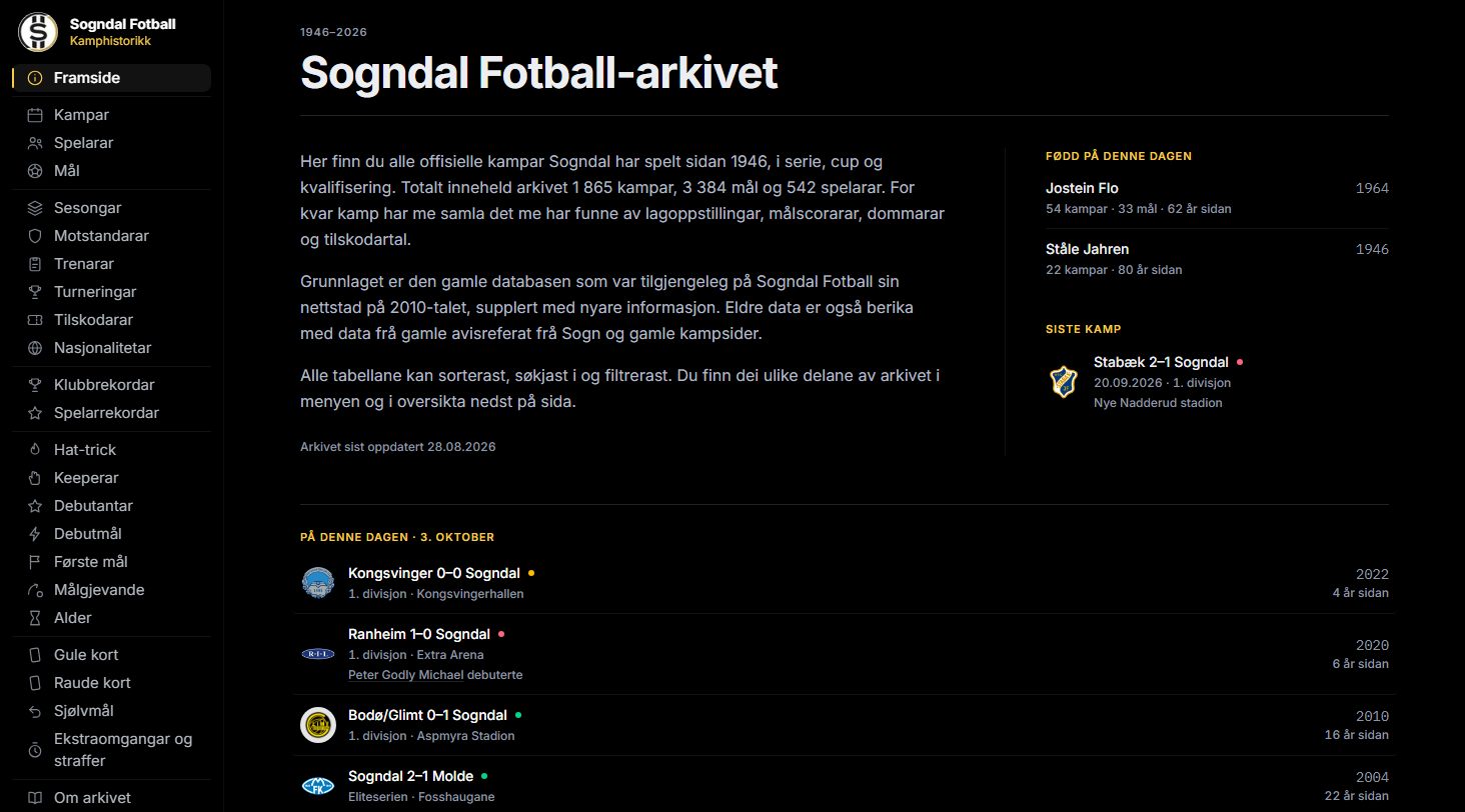 Framsida til staonopao.no med overskrifta «Sogndal Fotball-arkivet», ein sidemeny med arkivdelane og ei liste over kampar spelte på denne datoen.
